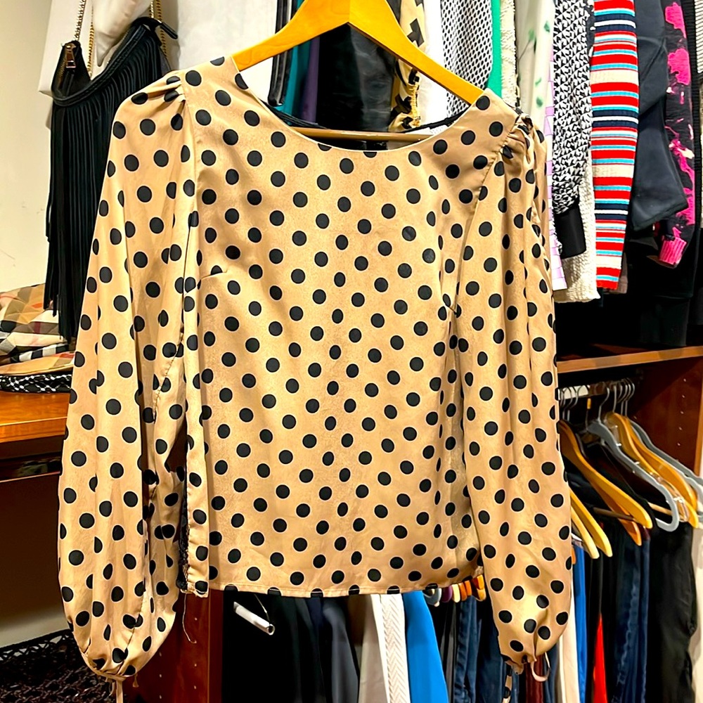 Line and Dot long sleeved polka dot blouse with lace back.
